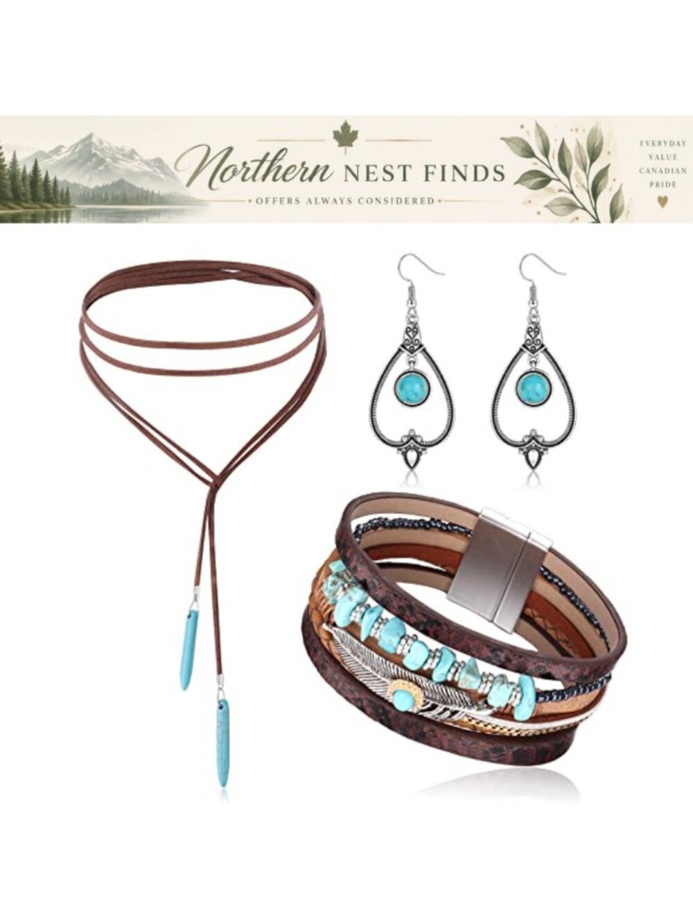 Bohemian Jewelry Set Turquoise Pendant Necklace Leather Wrap Bracelet Earrings